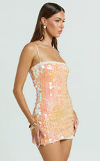 Wilfreda Mini Dress - Sequin Square Neck Bodycon Dress in Peach