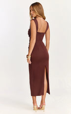 Kenna Midi Dress - Gathered Bust Tucked Waist Dress in Chocolate