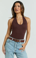 Suzanna Bodysuit - V Neck Halter Bodysuit in Chocolate