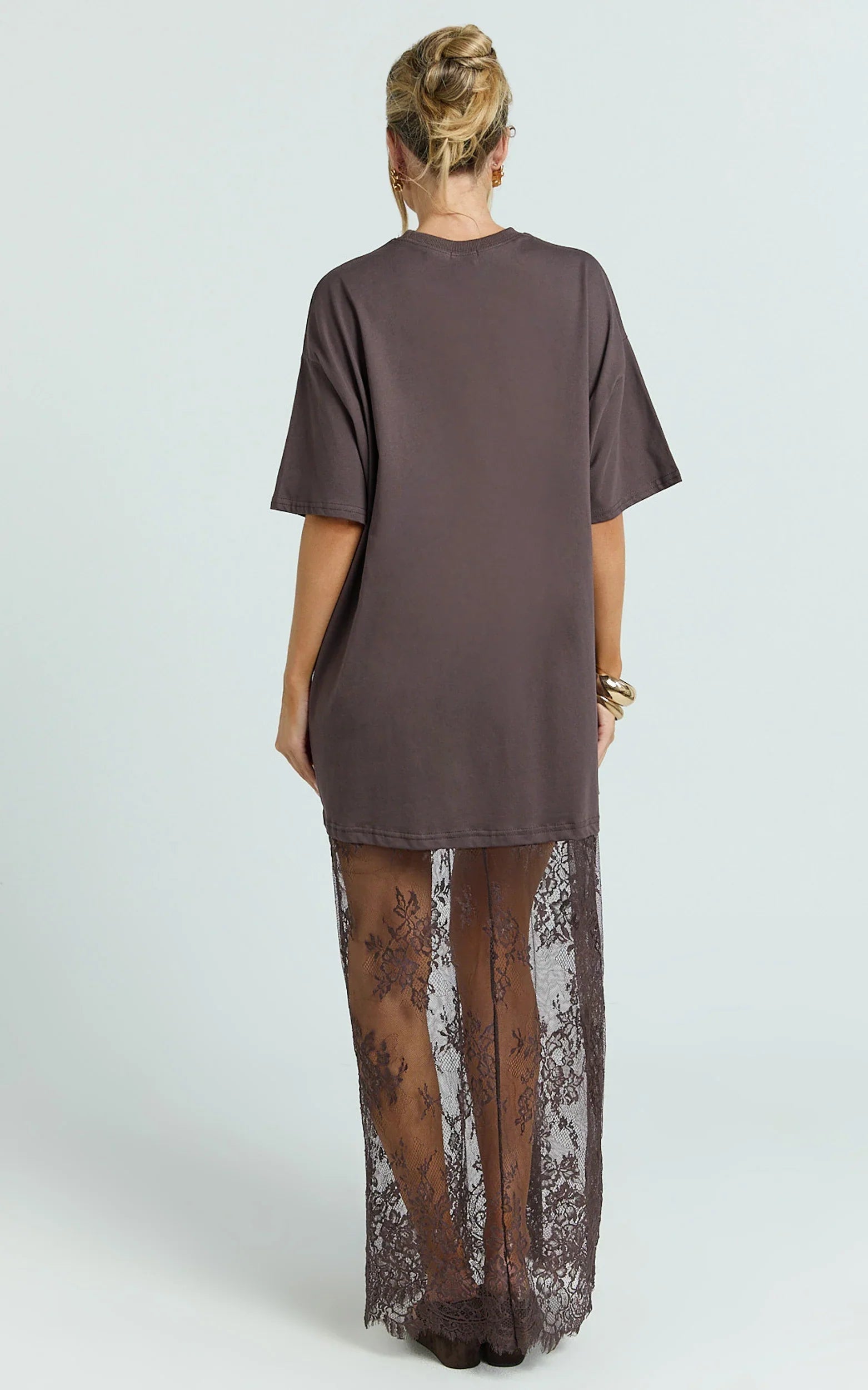 Jonna Midi Dress - Longline Lace Insert Tee in Chocolate