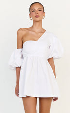 Sula Mini Dress - Asymmetric Off One Shoulder Puff Sleeve Dress in White