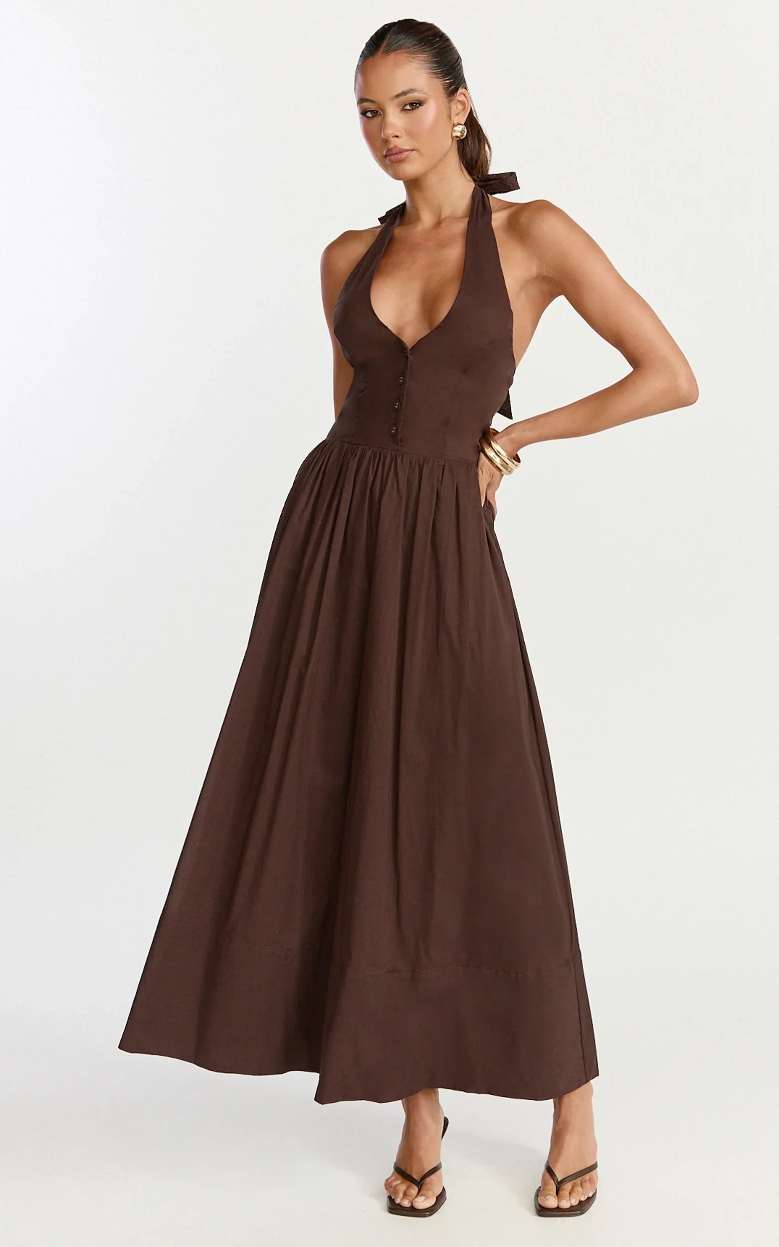 Everly Midi Dress - Tie Halter Neck Button Down Bodice Fit And Flare Dress in Chocolate