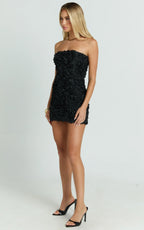Cassia Mini Dress - Strapless 3D Floral Lace Up Back Dress in Black
