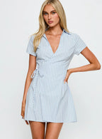 Amarita Wrap Collared Mini Dress Blue Stripe