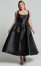 Courtney Midi Dress - Corset Panel Low Back Dress in Black