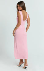 Veronnie Midi Dress - Tucked High Neck Sleeveless Fitted Leg Split Skirt Dress in Pink