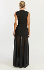 Frances Maxi Dress - Contrast U Neck Godet A Line Dress in Black