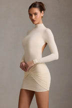 Ruched Backless Turtleneck Mini Dress in Ivory