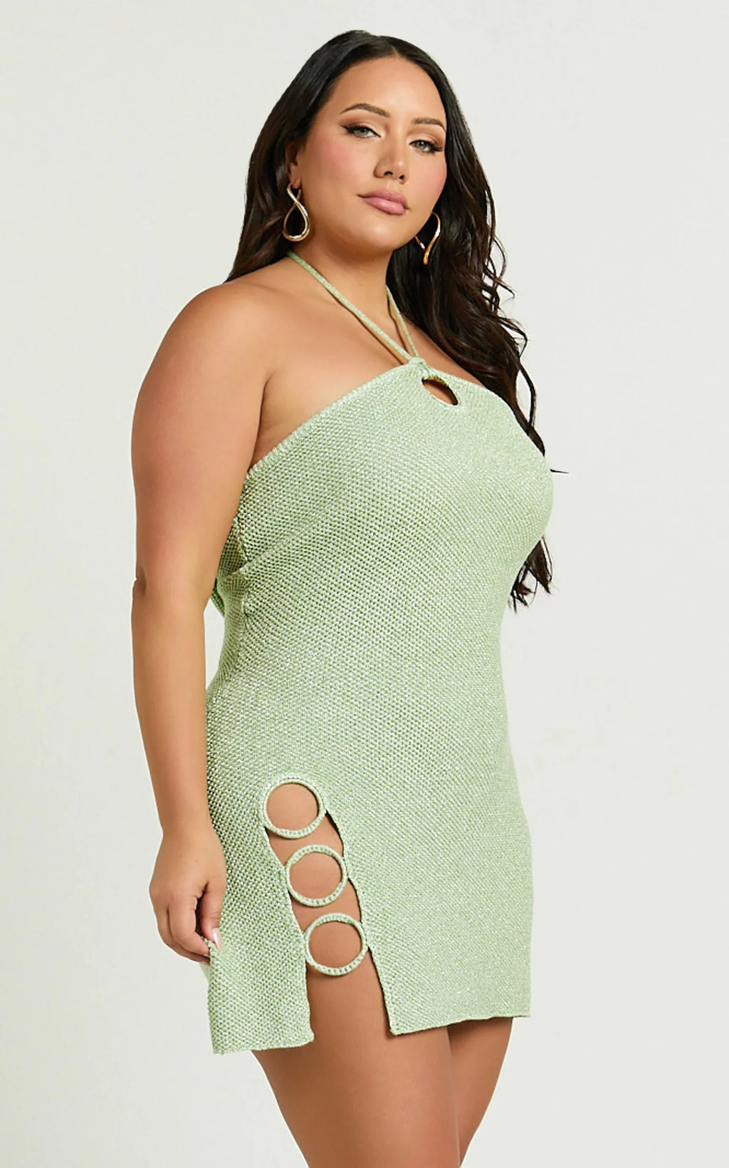 Amalie The Label - Merida Halter Knit Side Split Mini Dress - In Green