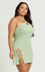 Amalie The Label - Merida Halter Knit Side Split Mini Dress - In Green