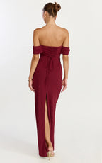 Karina Maxi Dress - Off Shoulder Corset Bodice Lace Up Back Dress in Wine