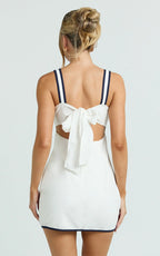 Julian Mini Dress - Square Neck Tie Back A Line Mini Dress in Off White