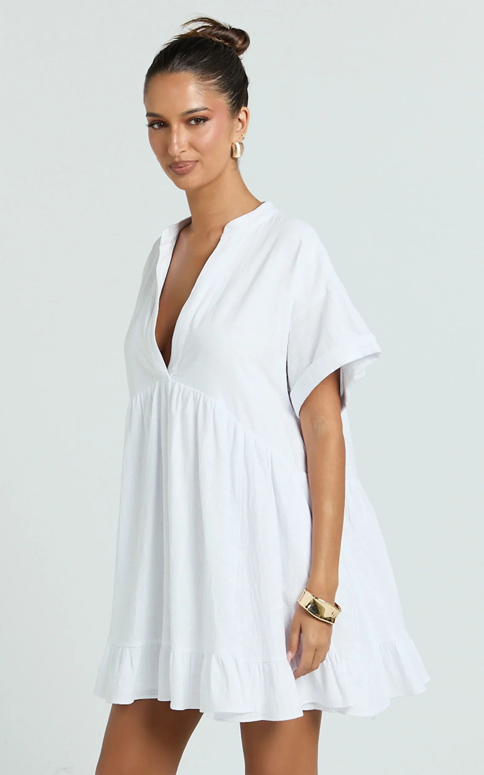 Calissa Mini Dress - Frill Hem Smock Dress in White