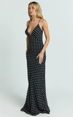 Quincy Maxi Dress - Satin Slip Dress in Black Polka Dot