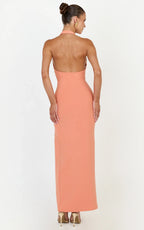 Ruby Maxi Dress - Halter Scoop Neck Low Back Bodycon Dress in Coral