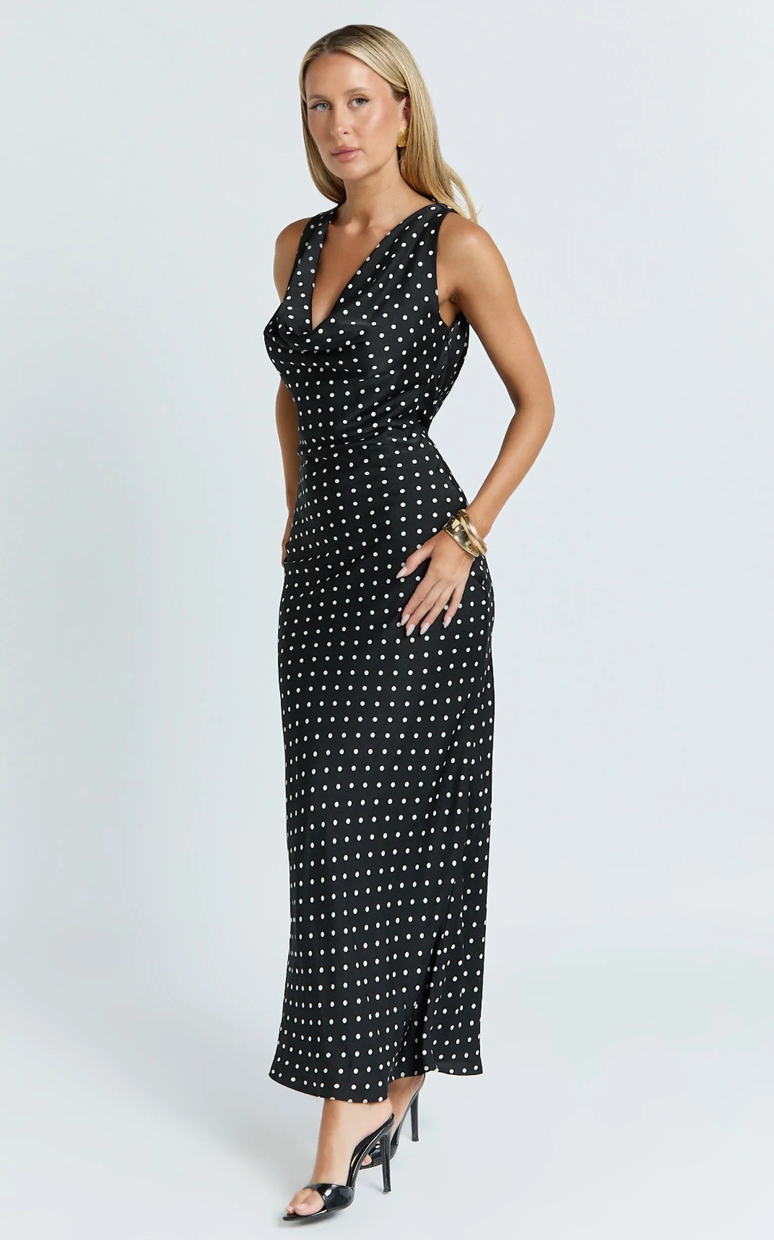 Blanca Midi Dress - Cowl Neck Bias Cut Dress in Black Polka Dot