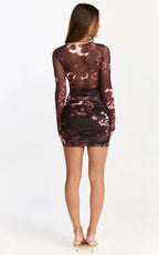 Zita Mini Dress - High Neck Long Sleeve Bodycon Mesh Dress in Botanical Haze
