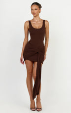 Rosalie Mini Dress - Tie Front Bodycon Wrap Dress in Chocolate