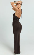 Daniella Maxi Dress - Halter Tie Ruched Maxi Dress in Chocolate