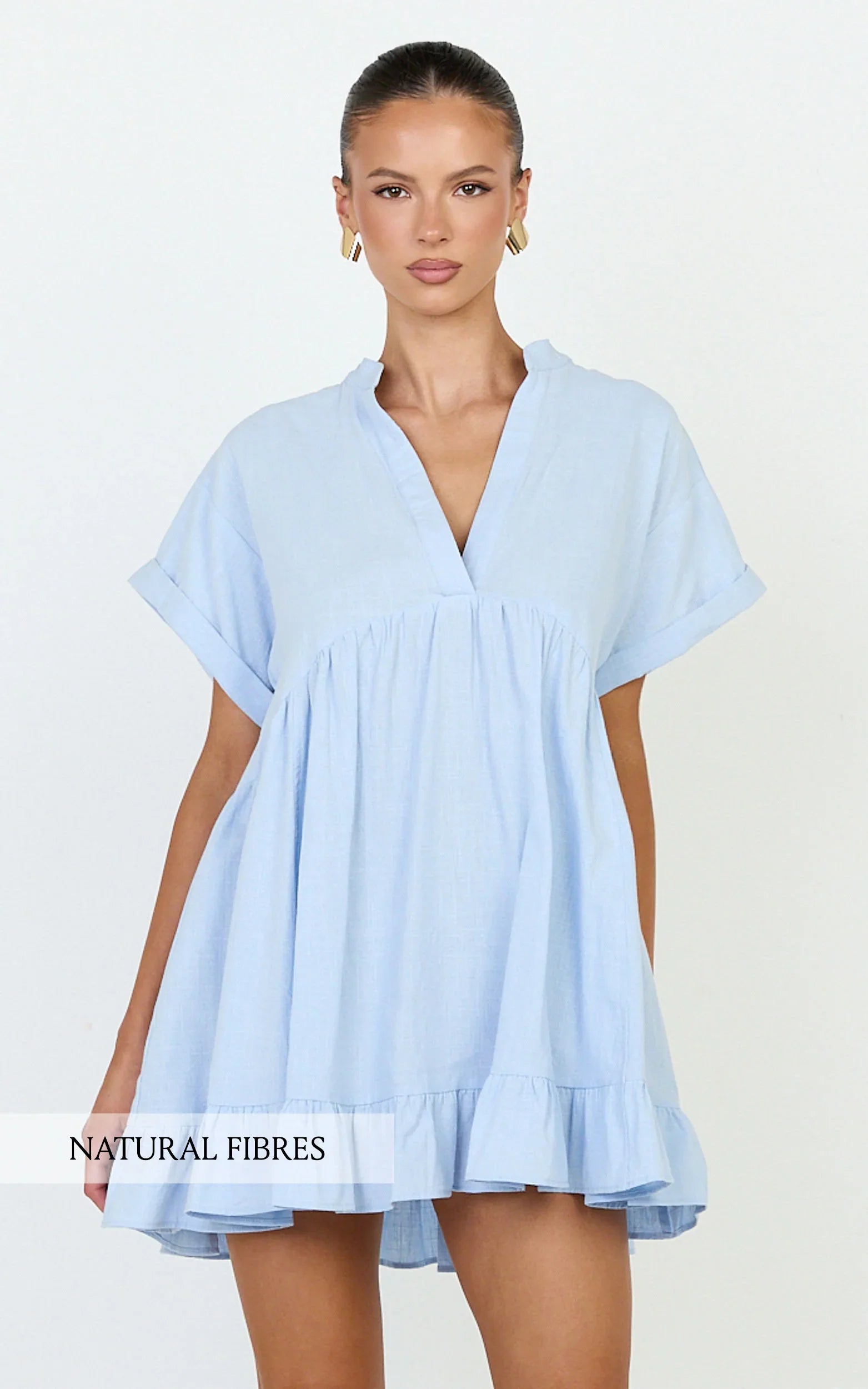 Calissa Mini Dress - Frill Hem Smock Dress in Light Blue