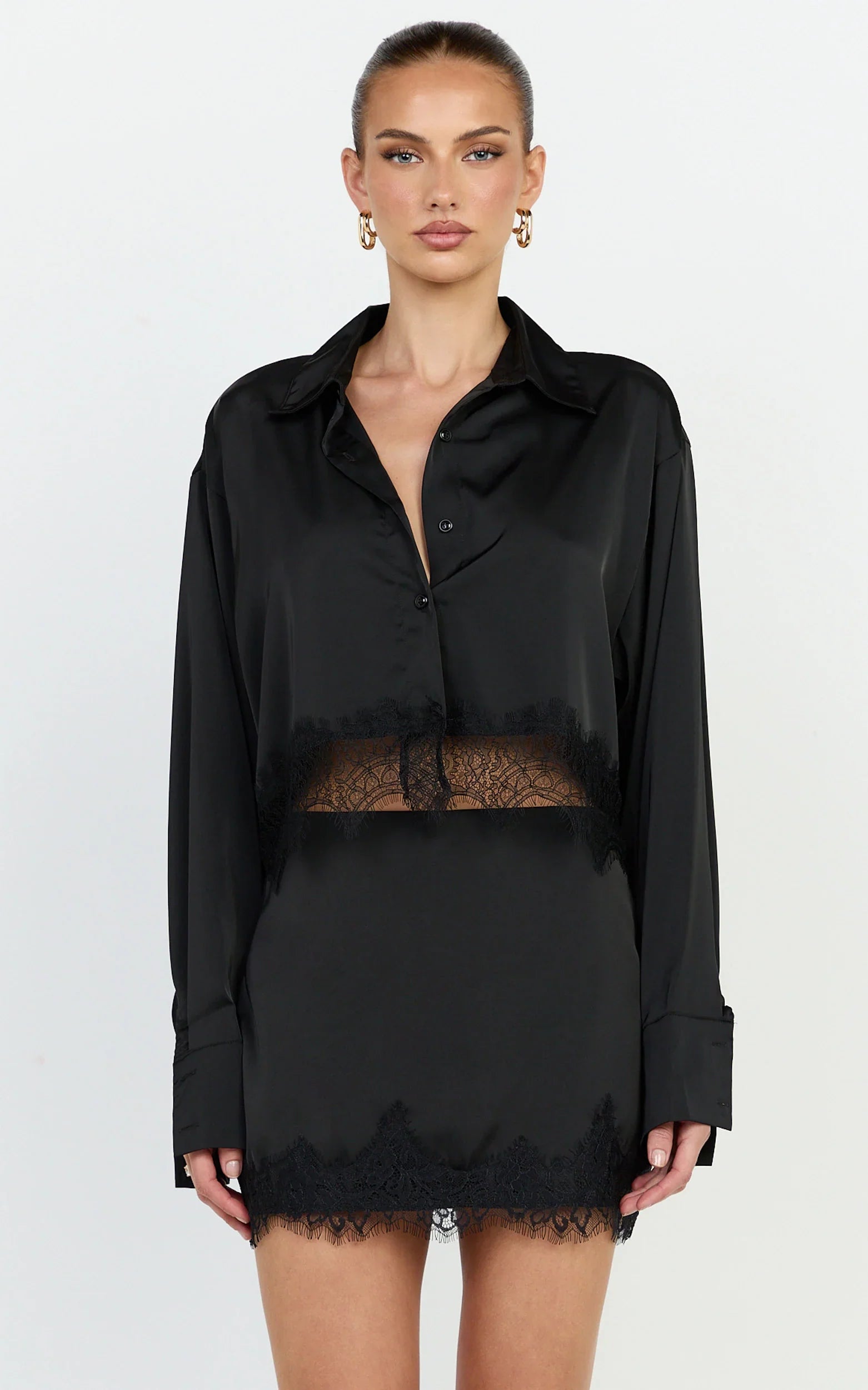Gabrielle Top - Long Sleeve Shirt With Lace Trim in Black