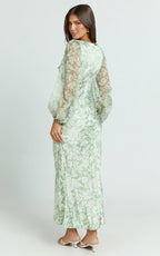 Freollyn Midi Dress - Deep V Neck Long Sleeve Dress in Sage
