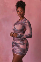 Constellations Long Sleeve Bodycon Ruched Mesh Mini Dress in Blush