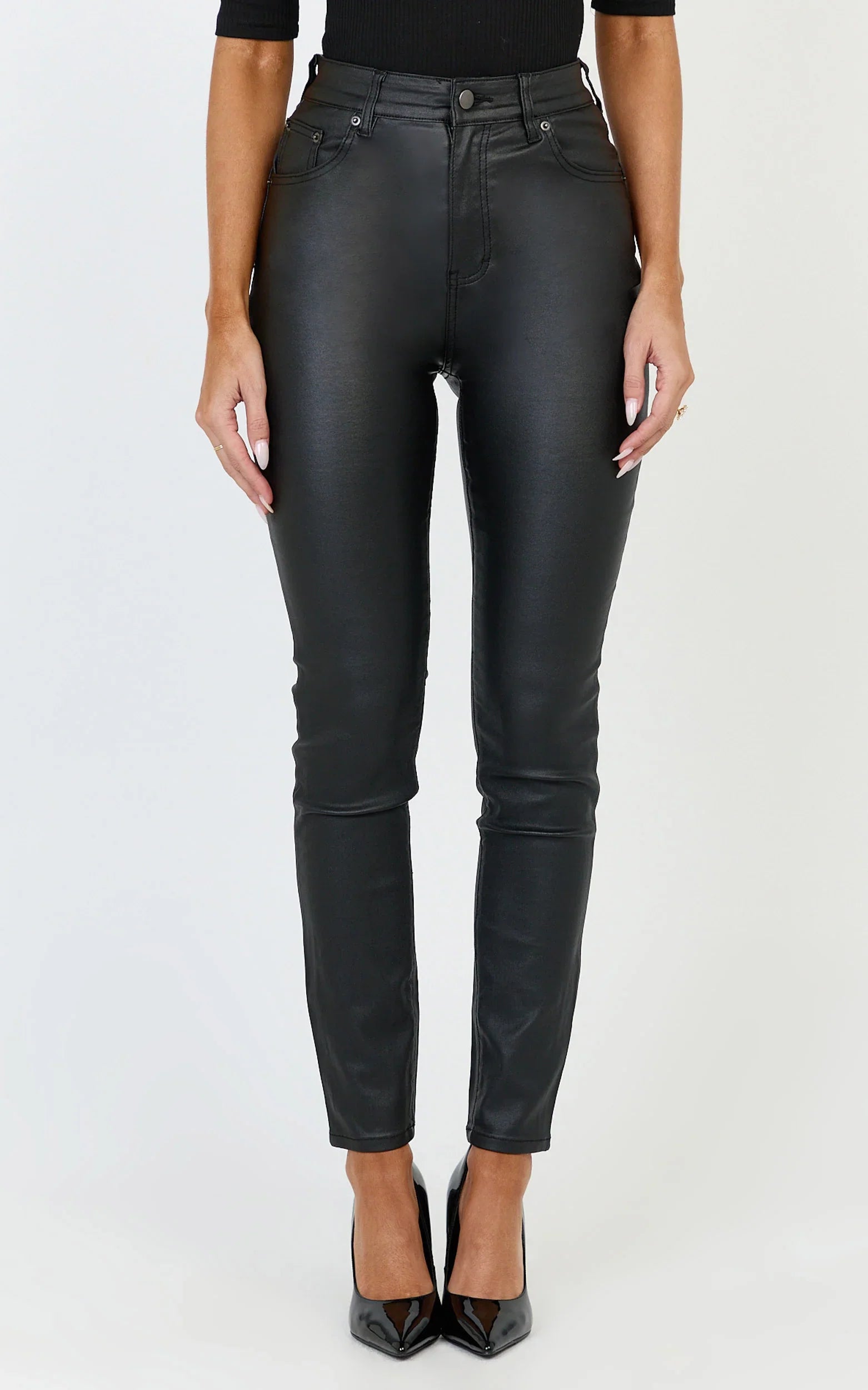 Whinnie Jeans - High Waist Skinny Coated Denim Jeans in Black