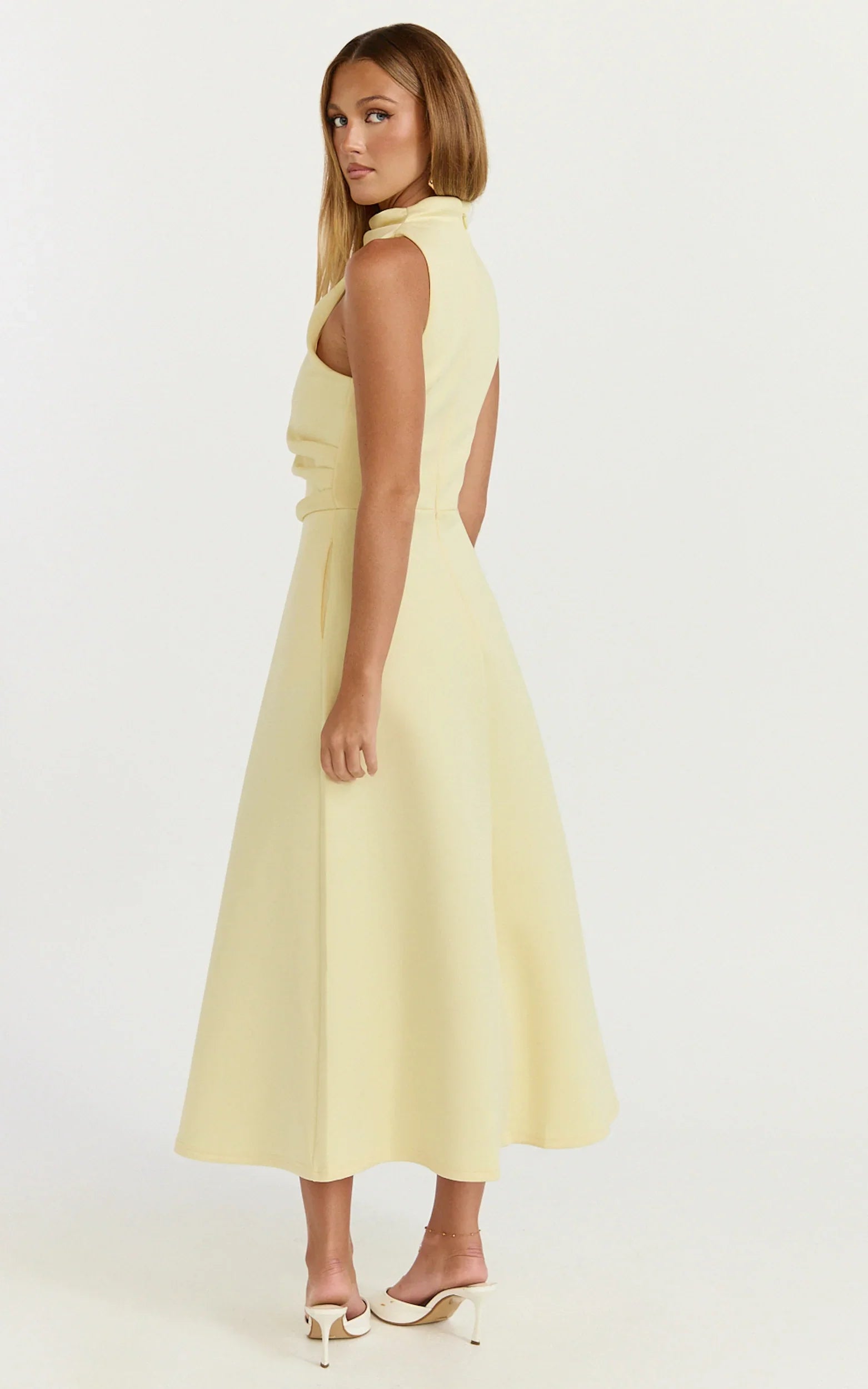 Macy Midi Dress - High Neck A Line Dress in Lemon