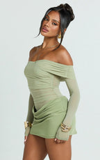 Jade Mini Dress - Long Sleeve Off Shoulder Draped Bias Cut Dress in Sage