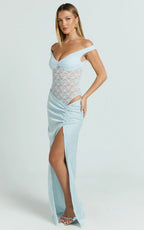 Elara Maxi Dress - Lace Ruched Side Split Dress in Soft Blue