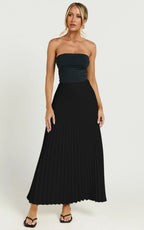 Harlee Midi Skirt - Pleated High Waist A Line Skirt in Black