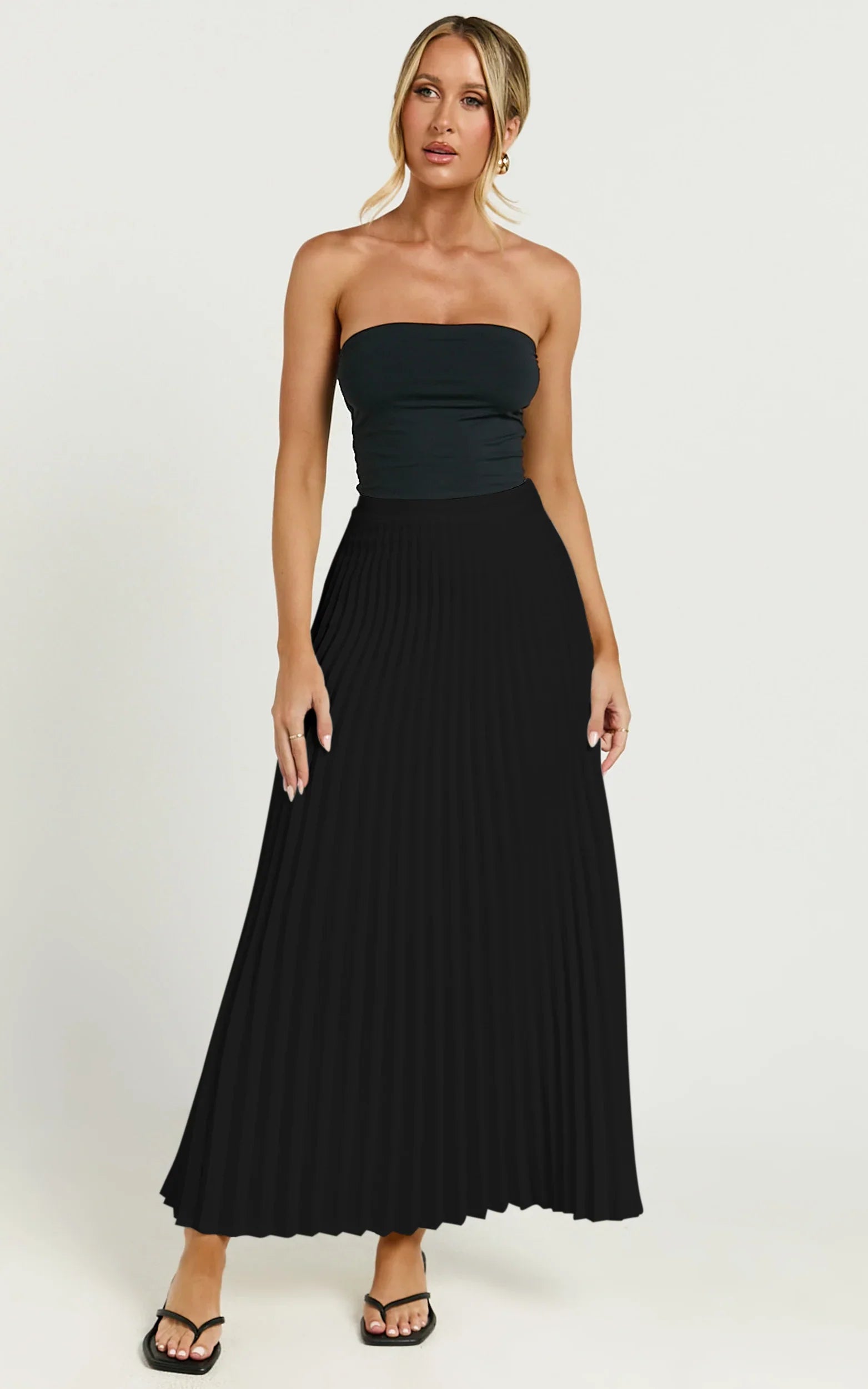 Harlee Midi Skirt - Pleated High Waist A Line Skirt in Black