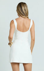 Marcia Mini Dress - Scoop Neck Hook And Eye Front Bodice Fitted Dress in Cream