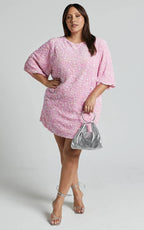 Valetta Mini Dress - Sequin low back shift dress in Pink Sequin