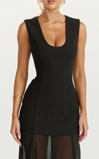 Frances Maxi Dress - Contrast U Neck Godet A Line Dress in Black