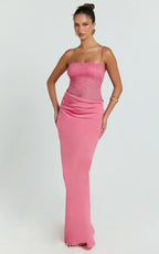 Rania Maxi Dress - Contrast Lace Bodice Bias Cowl Drop Waist Dress in Dark Pink
