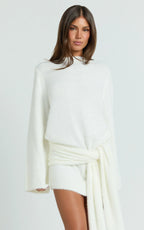 Tisdale Mini Dress - Wrap Skirt Fluffy Knit Jumper Dress in Cream