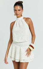Bonnie Mini Dress - Backless Halter Drop Waist Dress in Ivory
