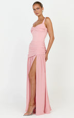 Freya Maxi Dress - Twist Bust Detail Drop Waist Dress in Pink