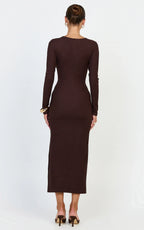 Zayla Midi Dress - Long Sleeve Button Front Bodycon Dress in Chocolate