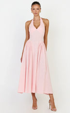 Athena Midi Dress - Halter Drop Waist Dress in Pink