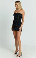 Cassia Mini Dress - Strapless 3D Floral Lace Up Back Dress in Black