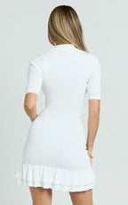 Mischa Mini Dress - Collared Short Sleeve Fit And Flare Knitted Dress in Cream