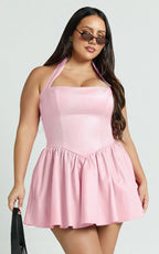 Helda Mini Dress - Halter Tie Neck Corset Panel Dress in Pink