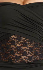 Kaia Maxi Dress - Off Shoulder Long Sleeve Ruffle Hem Lace Dress in Black