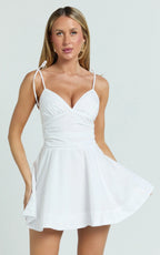 Kristy Mini Dress - V Neck Tie Bust A Line Dress in White