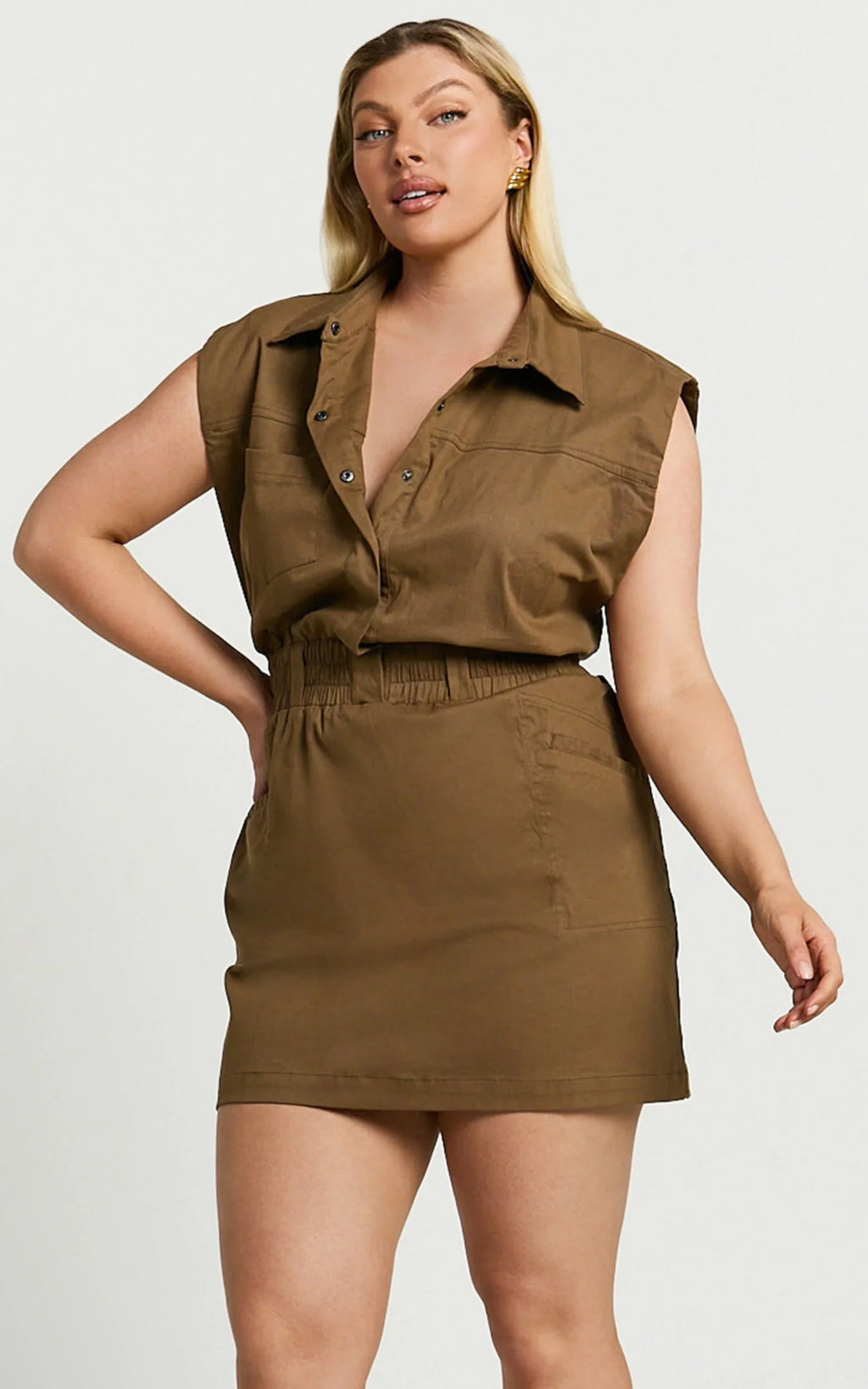 Dana Mini Dress - Collared Button Front Utility Dress in Khaki