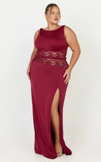 Alberta Maxi Dress - Spliced Sheer Lace Column Dress in Wine