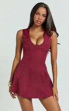 Larah Mini Dress - Low Scoop Neck A Line Dress in Cherry